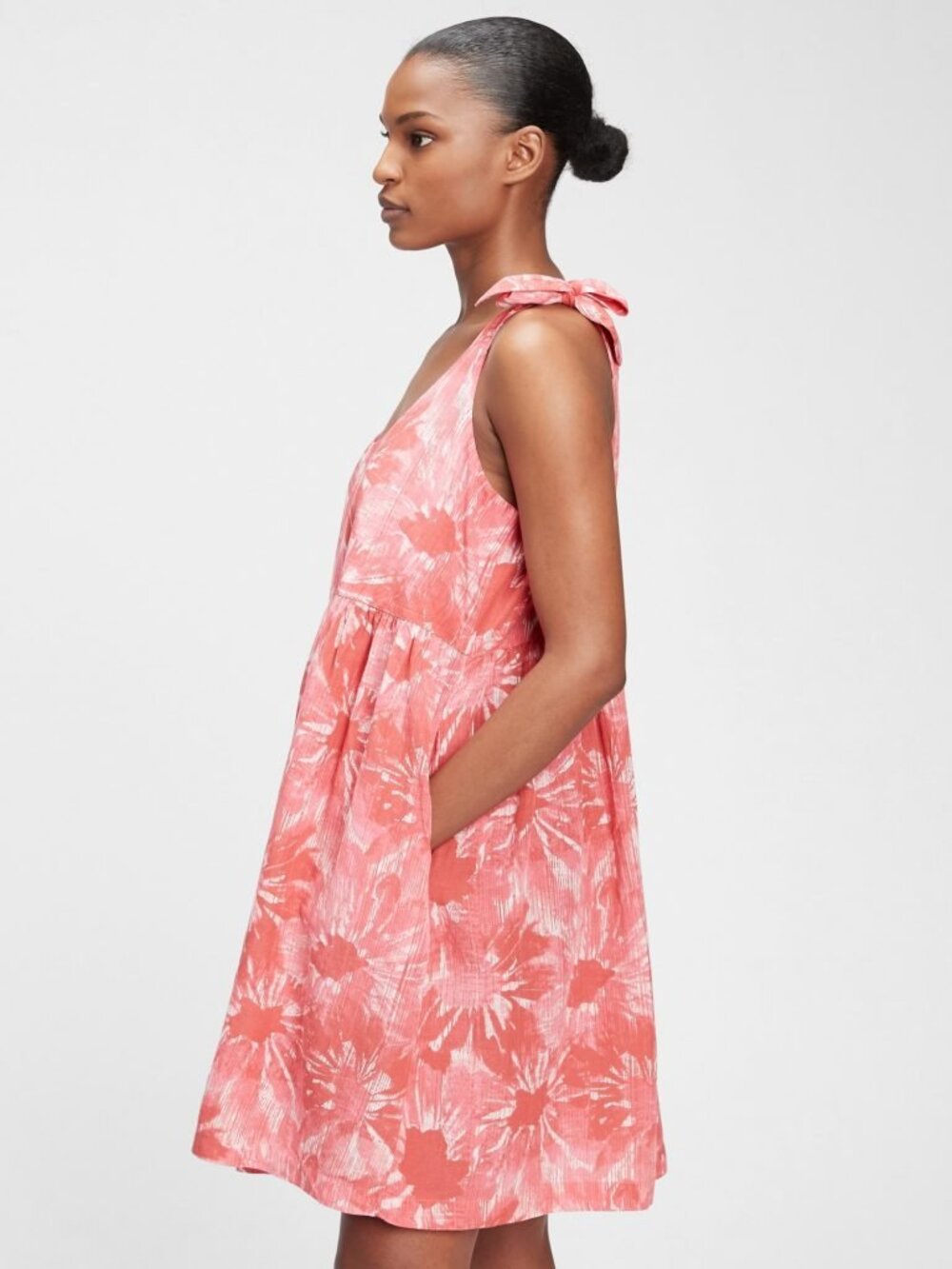 Gap Shoulder Tie Floral Mini Dress Pink Cotton Blend Beach Sundress L